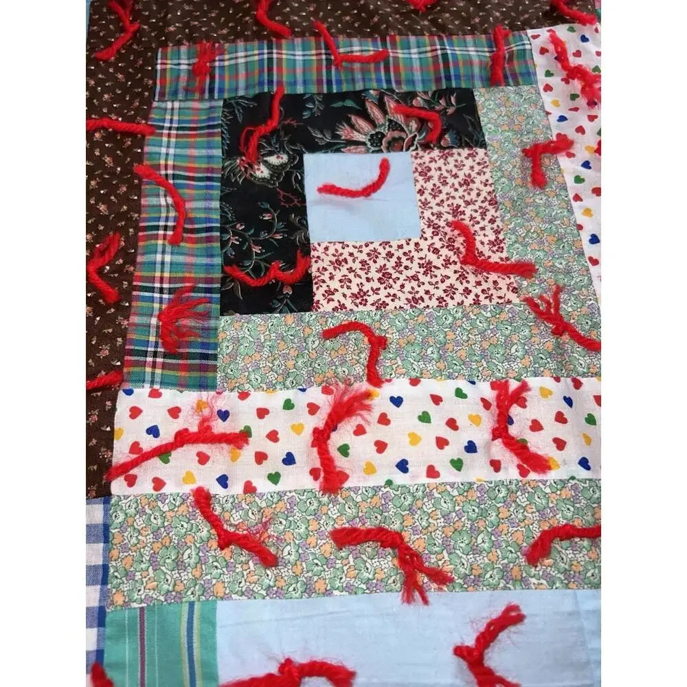 Vintage Handmade Patchwork‎ Tied Multicolor 42x32 Cottagecore Quilt Throw